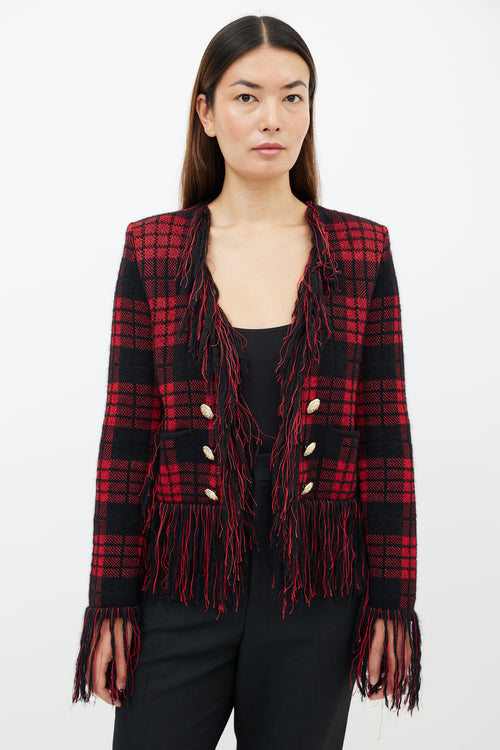 Balmain Pre-Fall 2017 Red 
Black Tweed Fringe Blazer