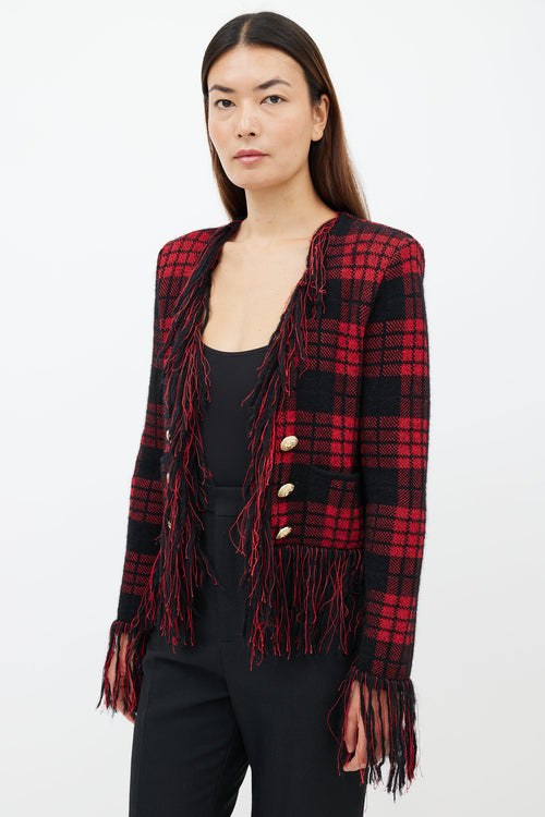 Balmain Pre-Fall 2017 Red 
Black Tweed Fringe Blazer