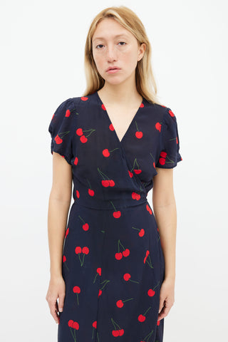 Réalisation Par Navy Silk Printed Red Cherry Wrap Dress