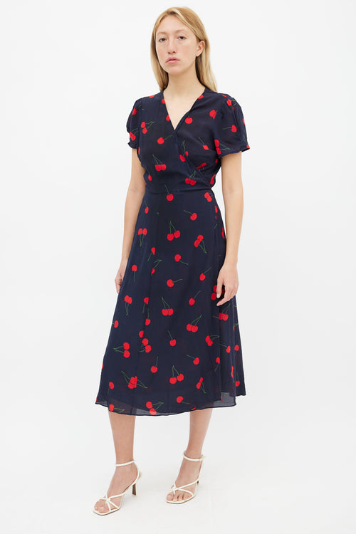 Réalisation Par Navy Silk Printed Red Cherry Wrap Dress