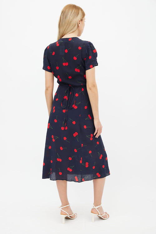 Réalisation Par Navy Silk Printed Red Cherry Wrap Dress