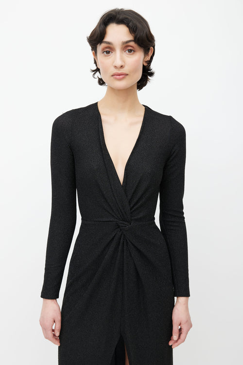 Reformation Black Sparkle Knot Twist V-Neckline Dress