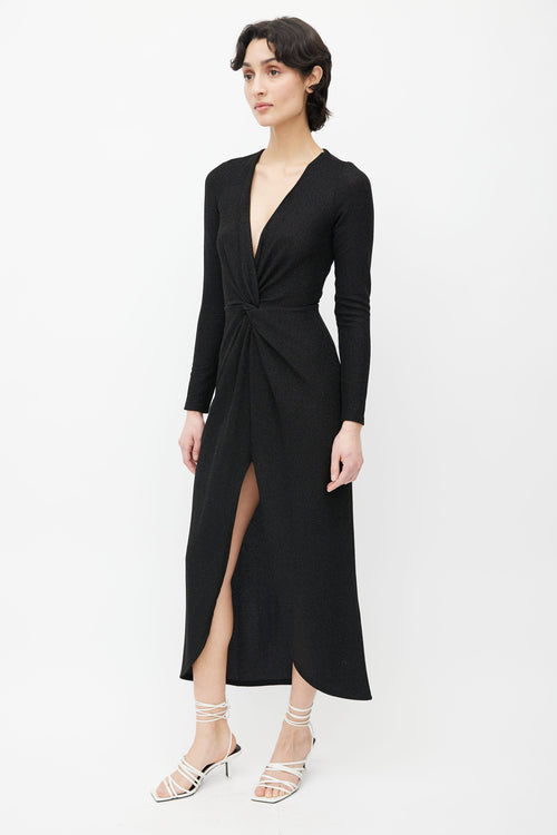 Reformation Black Sparkle Knot Twist V-Neckline Dress