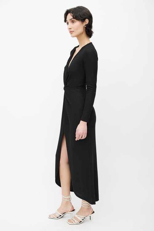 Reformation Black Sparkle Knot Twist V-Neckline Dress