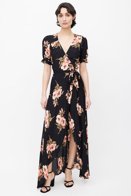 Reformation Black 
Pink Floral Print Wrap Dress