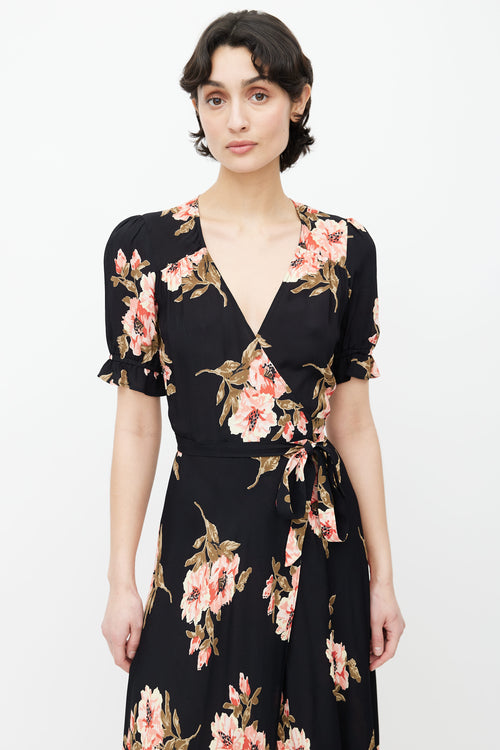 Reformation Black 
Pink Floral Print Wrap Dress