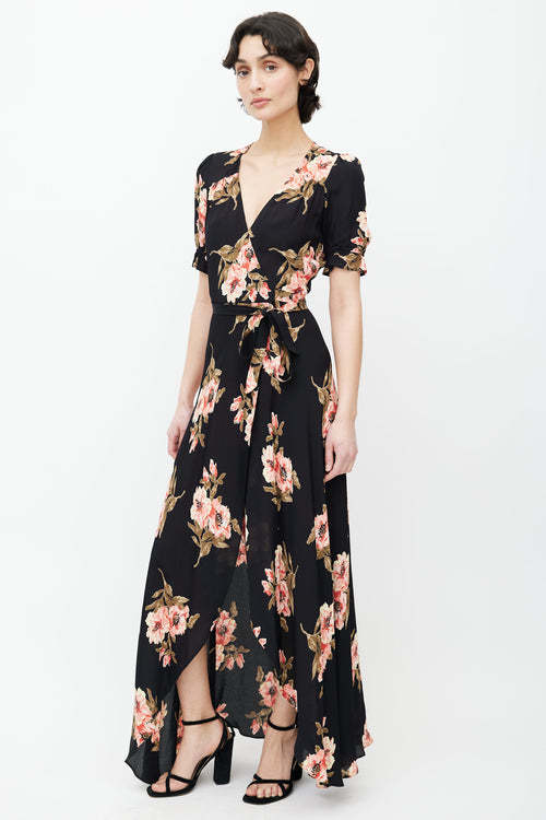 Reformation Black 
Pink Floral Print Wrap Dress