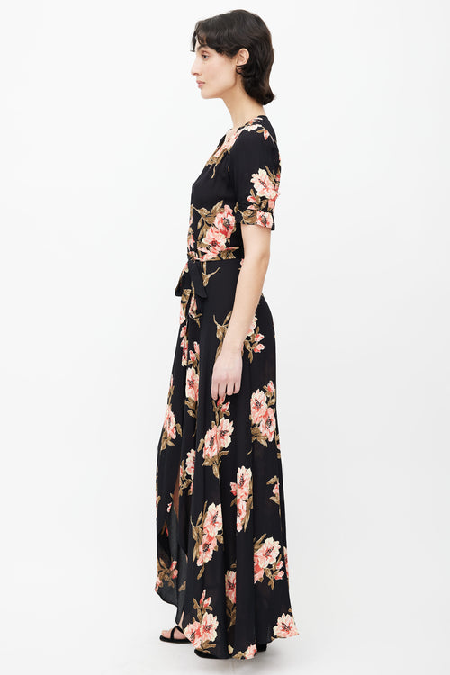 Reformation Black 
Pink Floral Print Wrap Dress