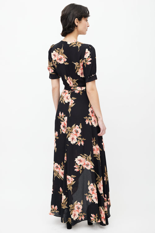 Reformation Black 
Pink Floral Print Wrap Dress