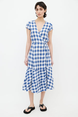 Reformation Blue 
White Linen Gingham Wrap Dress