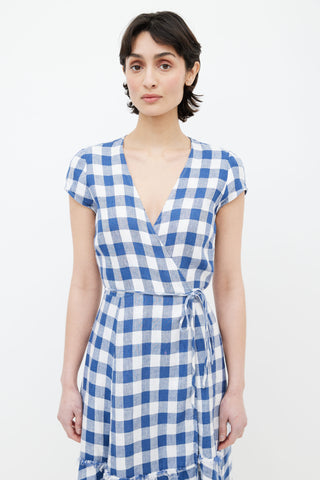 Reformation Blue 
White Linen Gingham Wrap Dress