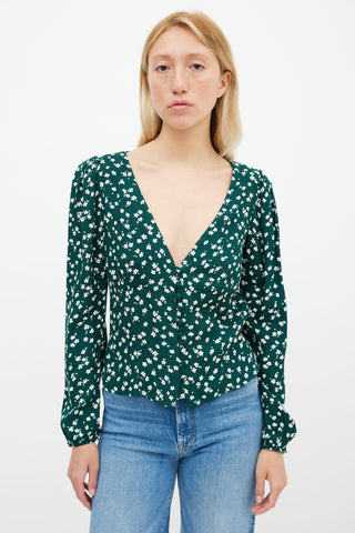 Reformation Green 
Cream Nell Floral V-Neck Blouse