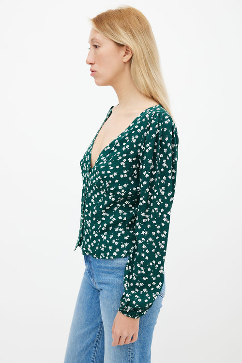 Reformation Green 
Cream Nell Floral V-Neck Blouse