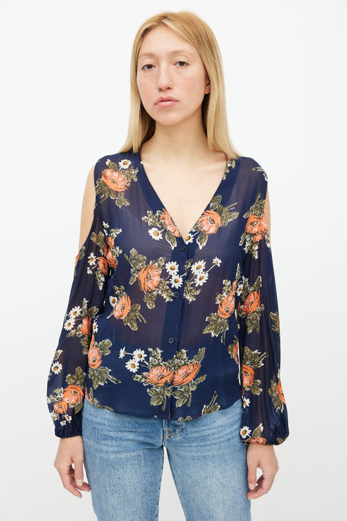 Reformation Navy Floral Print Shoulder Cut-Out Blouse