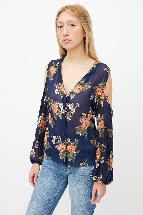 Reformation Navy Floral Print Shoulder Cut-Out Blouse