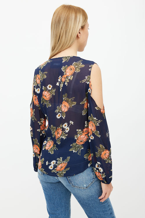 Reformation Navy Floral Print Shoulder Cut-Out Blouse