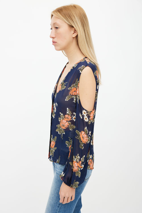 Reformation Navy Floral Print Shoulder Cut-Out Blouse