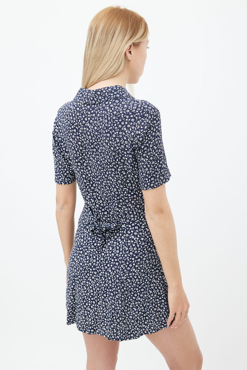 Reformation Navy 
White Floral Printed Button-Up Mini Dress