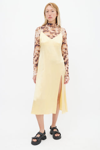 Reformation Yellow Silk V-Neck Slit Dress