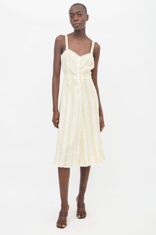 Reformation Yellow 
White Printed Floral Lace Trim Dress