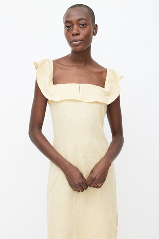 Reformation Yellow Linen Ruffle Off Shoulder Dress