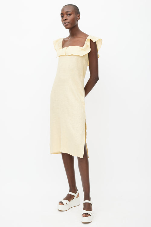 Reformation Yellow Linen Ruffle Off Shoulder Dress