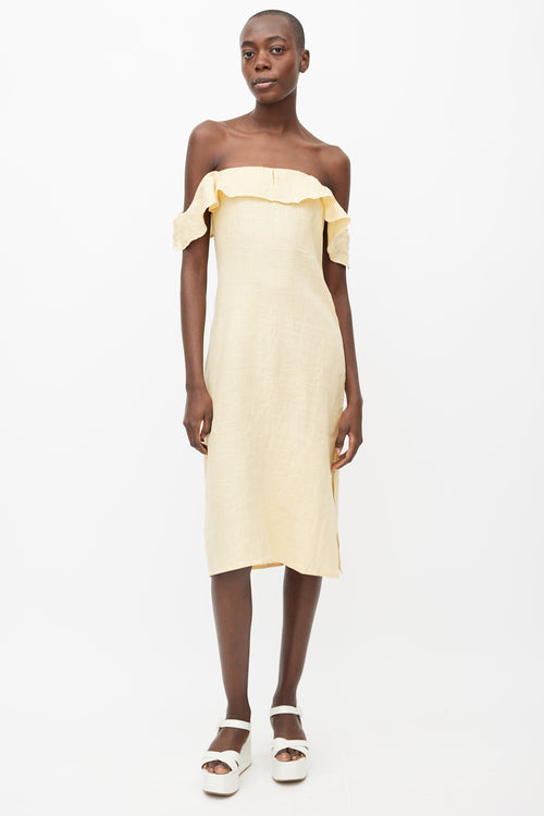 Reformation Yellow Linen Ruffle Off Shoulder Dress