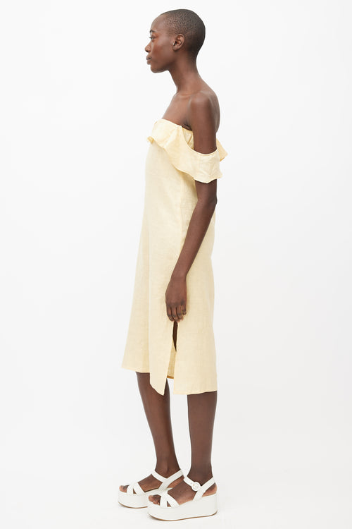 Reformation Yellow Linen Ruffle Off Shoulder Dress