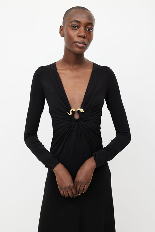 Roberto Cavalli Black 
Gold Gathered Dress