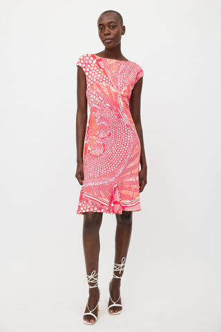 Roberto Cavalli Red 
White Abstract Print Dress