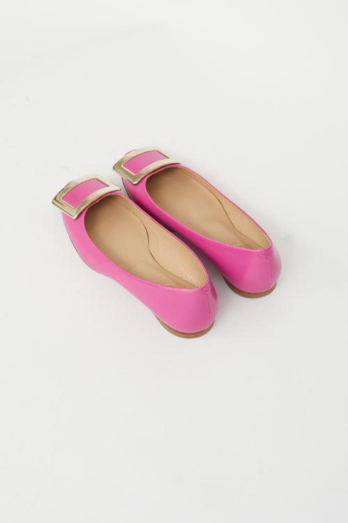 Roger Vivier Pink Leather 
Gold Buckle Flat