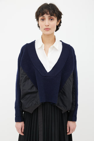 Sacai Blue Knit 
Black Nylon Panel V-Neck Sweater