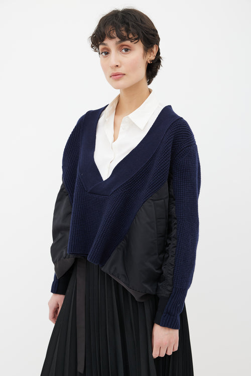 Sacai Blue Knit 
Black Nylon Panel V-Neck Sweater