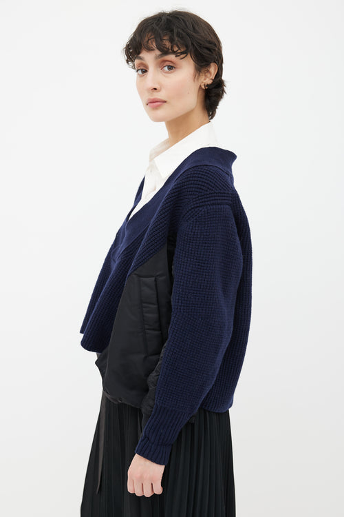 Sacai Blue Knit 
Black Nylon Panel V-Neck Sweater