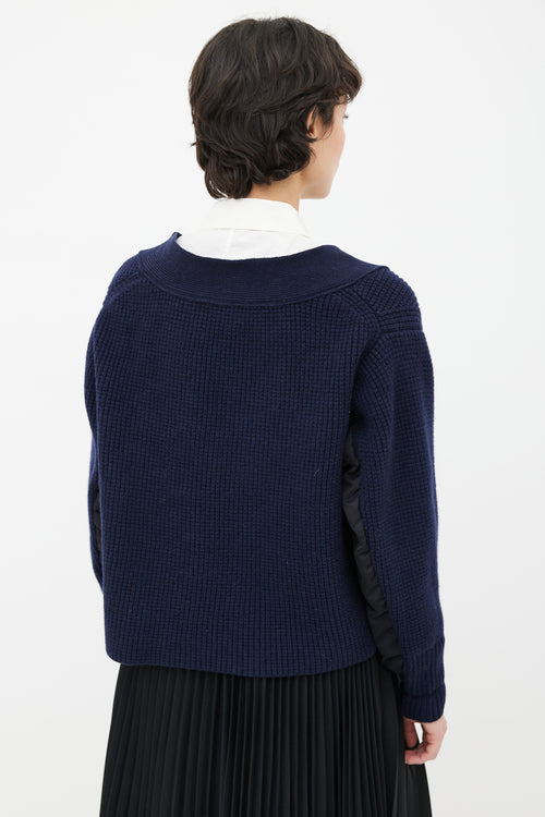 Sacai Blue Knit 
Black Nylon Panel V-Neck Sweater