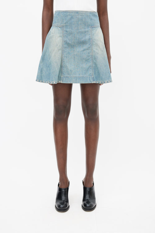 Sacai Luck Blue Faded Cotton Denim Stud Trim Mini Skirt