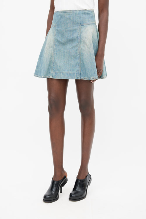 Sacai Luck Blue Faded Cotton Denim Stud Trim Mini Skirt