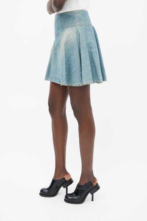 Sacai Luck Blue Faded Cotton Denim Stud Trim Mini Skirt