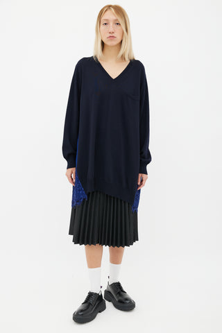 Sacai Navy 
Blue Wool Lace Trim Sweater Dress