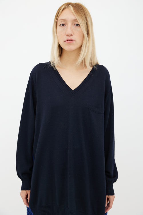 Sacai Navy 
Blue Wool Lace Trim Sweater Dress