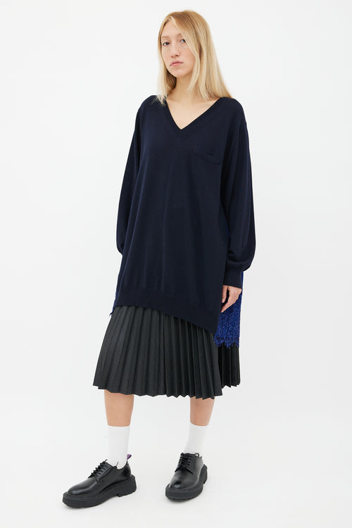 Sacai Navy 
Blue Wool Lace Trim Sweater Dress