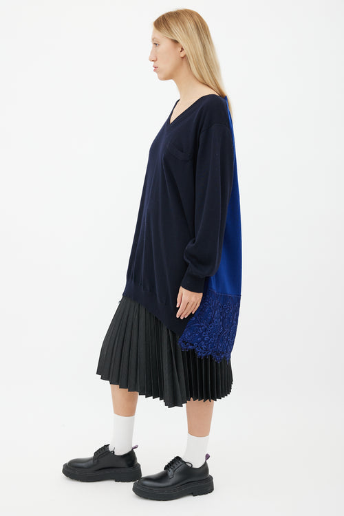 Sacai Navy 
Blue Wool Lace Trim Sweater Dress