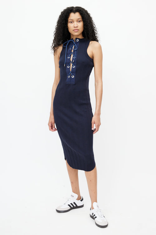 Sacai Navy Ribbed Lace Up  Dress