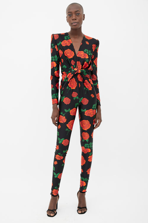 Saint Laurent Black 
Rose Print Long Sleeve Jumpsuit