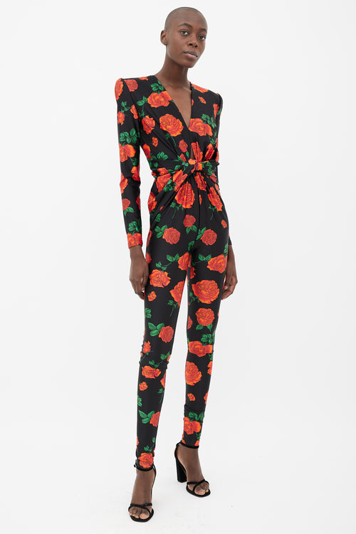 Saint Laurent Black 
Rose Print Long Sleeve Jumpsuit