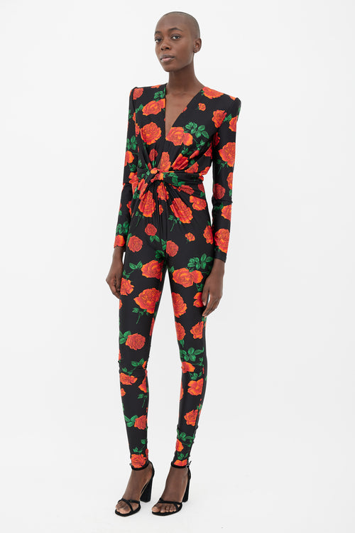 Saint Laurent Black 
Rose Print Long Sleeve Jumpsuit