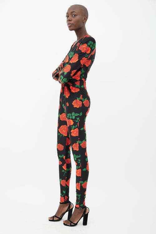 Saint Laurent Black 
Rose Print Long Sleeve Jumpsuit