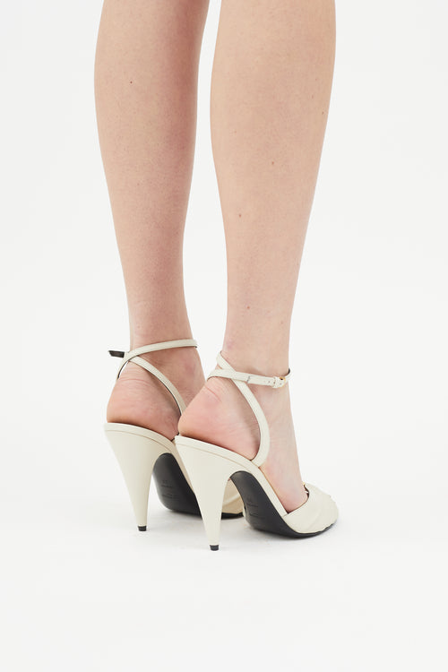 Saint Laurent Cream Leather Pleated Embellished Alma Sandal Heel