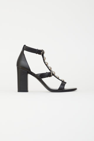 Saint Laurent Black Leather 
Silver-Tone Studs Sandal Heel