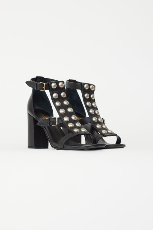 Saint Laurent Black Leather 
Silver-Tone Studs Sandal Heel